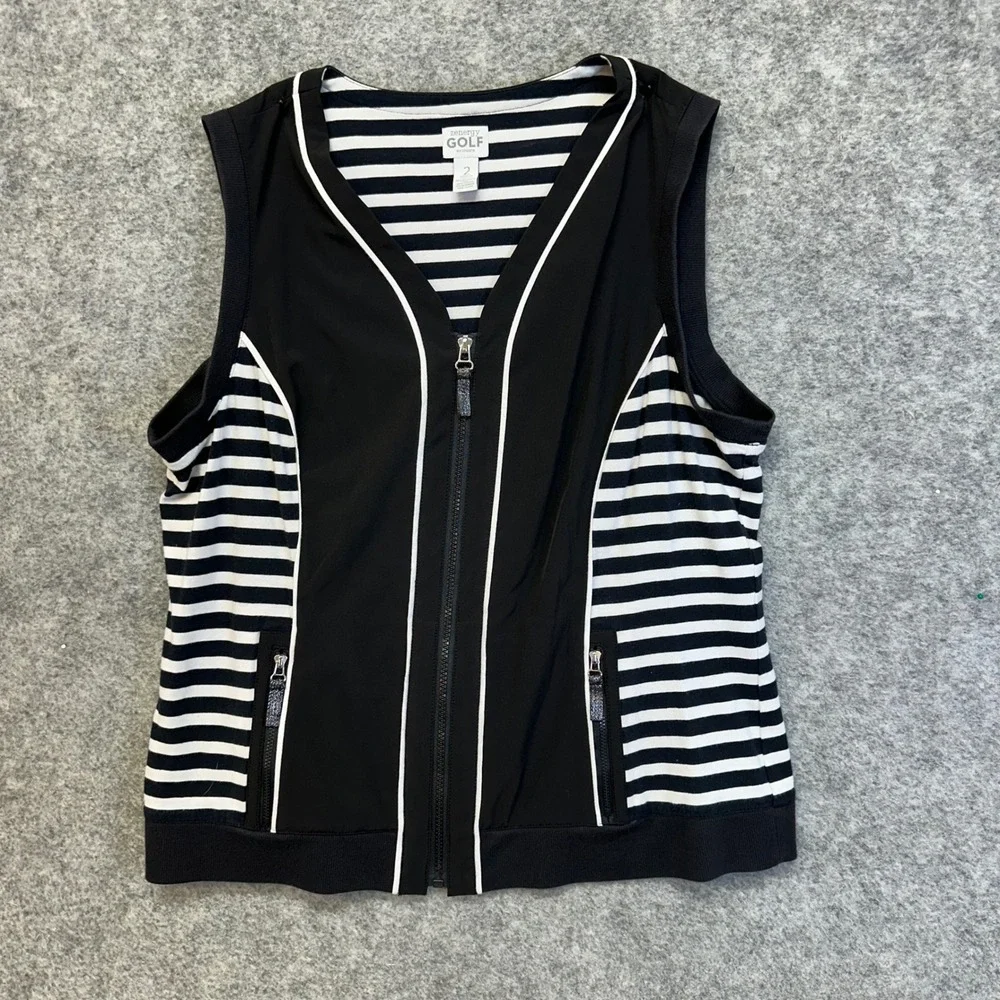 Zenergy Golf by Chico's Vest Women 2 Black White‎ Excellent Striped Full Zip